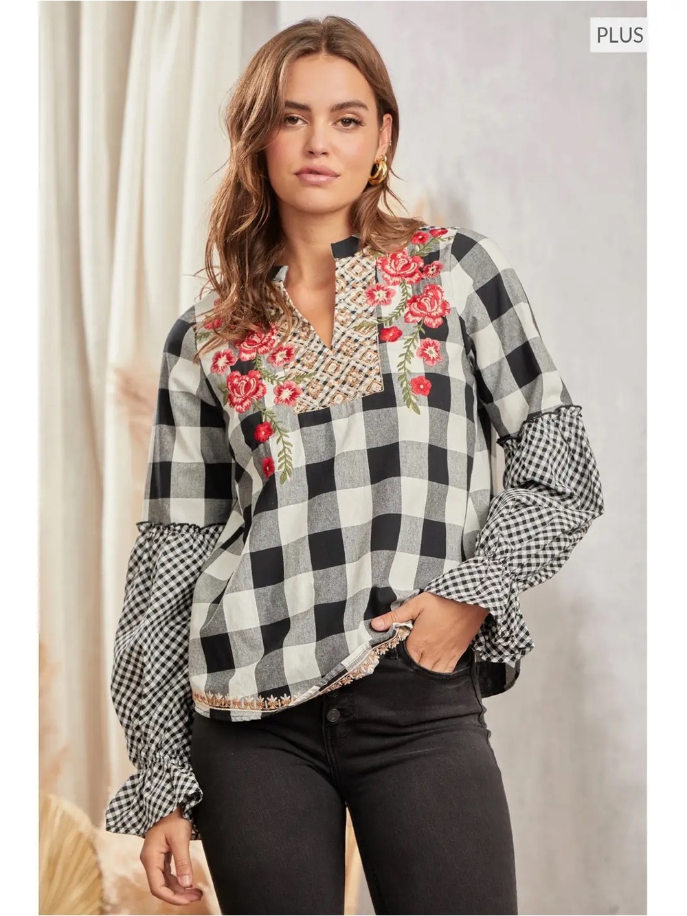 Savanna Jane NWOT plaid floral embroidered blouse top 1X fall boho